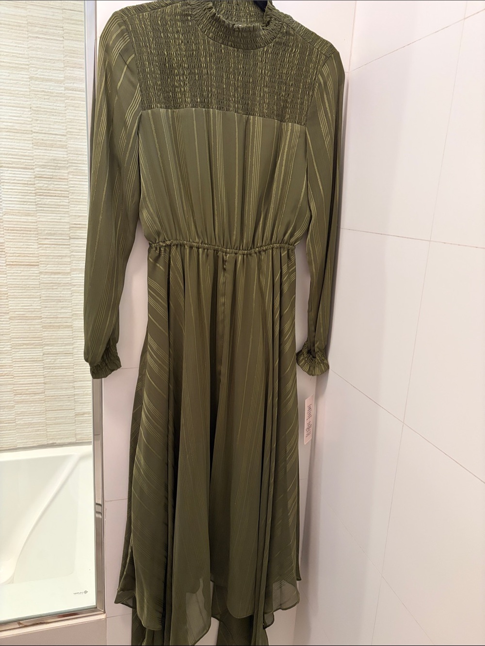 Nanette Lepore Olive Green Long Sleeve Smocked Yoke Dress